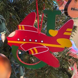 Wooden “J” Letter Jet Christmas Tree Ornament